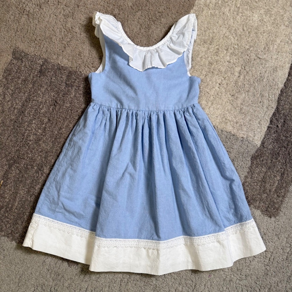 Max Studio Kids Girls Blue White Ruffle V-Back Lace Trim Dress Size 8